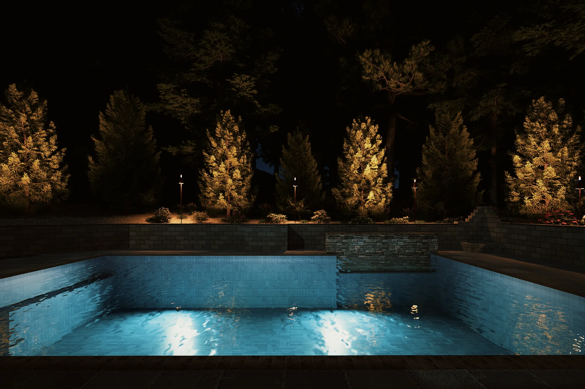 Pool deck at night