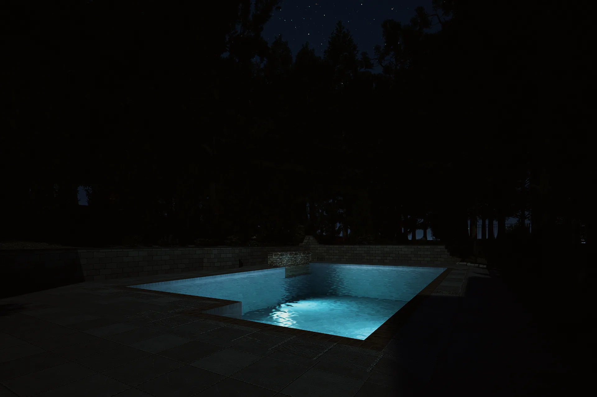 Pool terrace before lighting