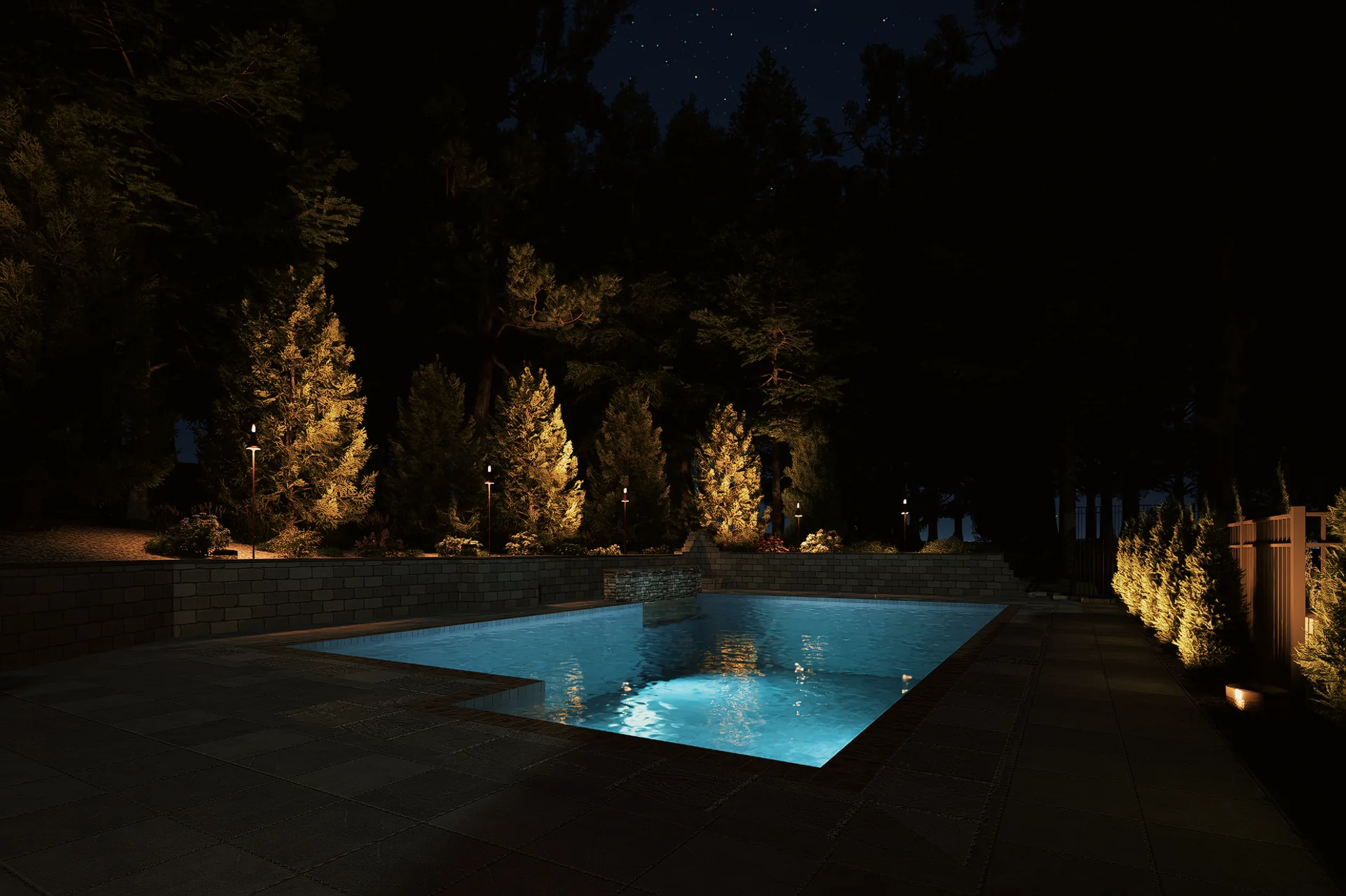 Pool terrace and tree line at night