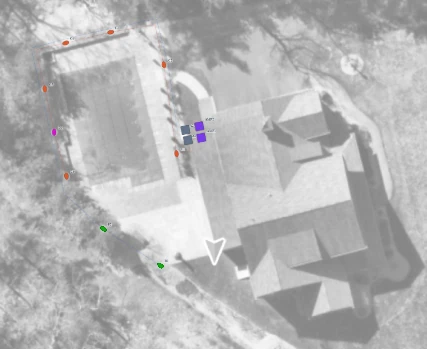 Aerial site plan marking speaker and lighting placements